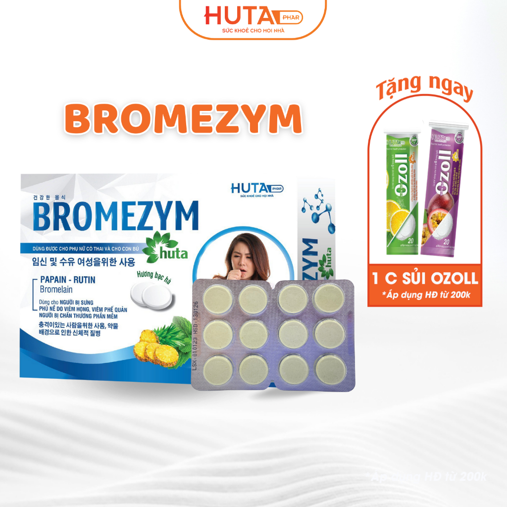 Viên ngậm giảm phù nề, sưng tấy do tổn thương mô mềm, viêm họng, viêm khớp Bromezym HUTA PHAR