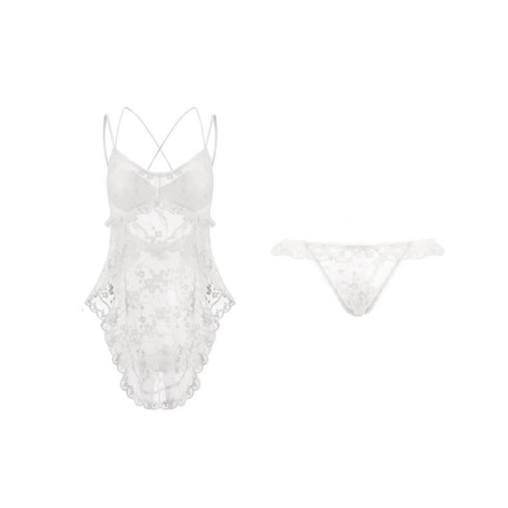 （Q1,HCM）🤩Đầm/váy ngủ sexy🤩2 dây ren quyến rũ gợi cảm xuyên thấu cánh tiên kèm quần chíp màu trắng--013