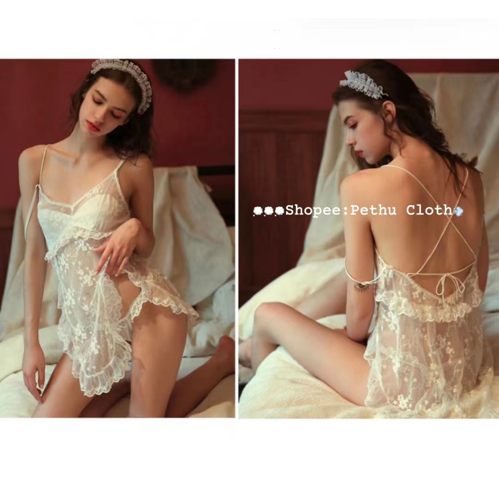 （Q1,HCM）🤩Đầm/váy ngủ sexy🤩2 dây ren quyến rũ gợi cảm xuyên thấu cánh tiên kèm quần chíp màu trắng--013