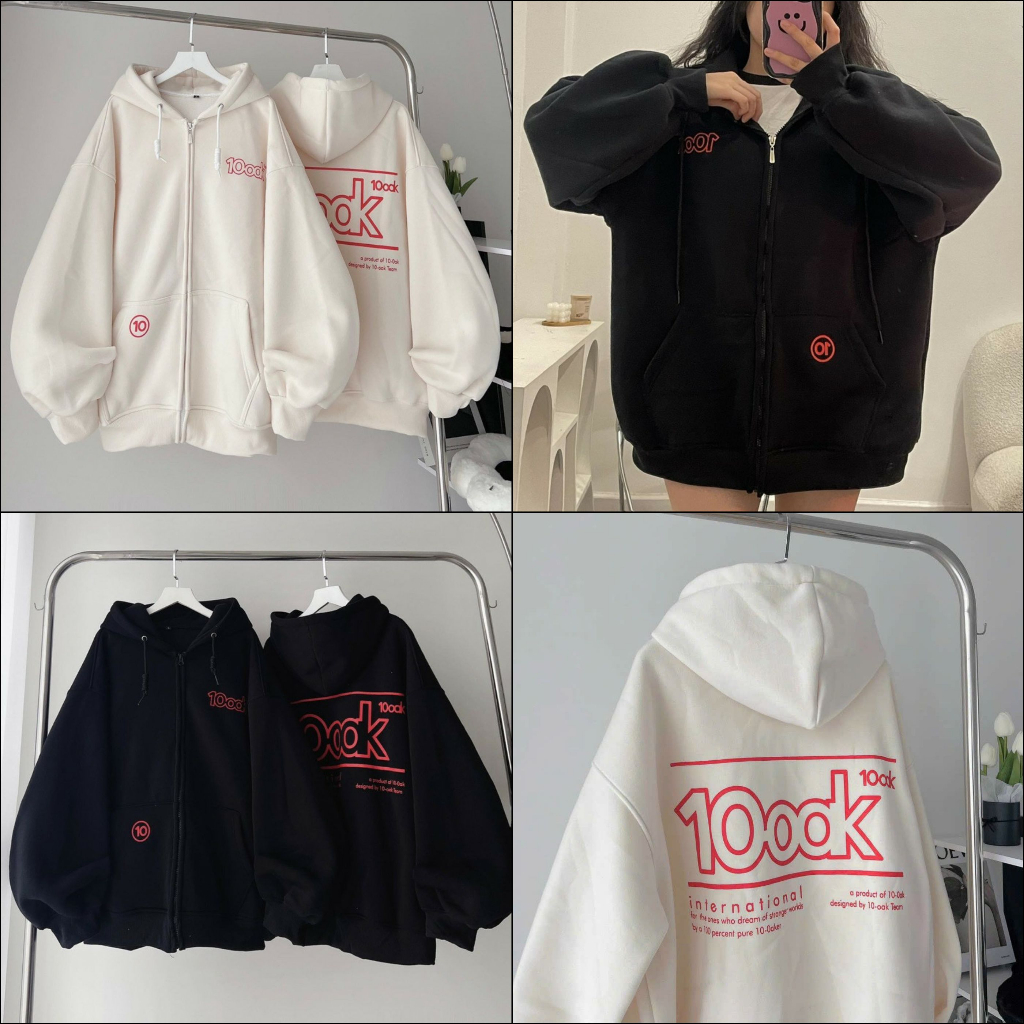 Áo khoác nam nữ Hoodie nỉ trơn Basic in chữ 1000K form rộng tay bồng khóa kéo có mũ Ulzzang