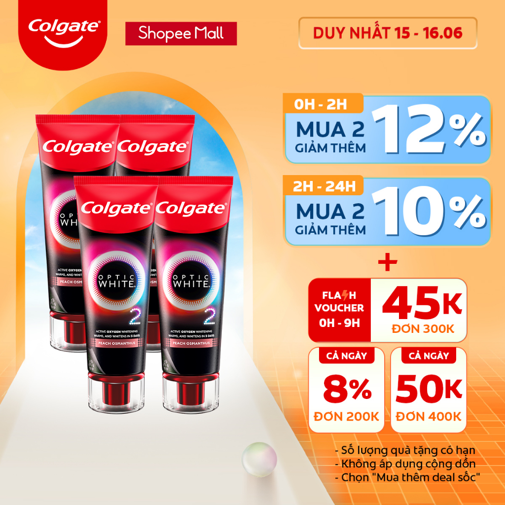 Bộ 4 Kem Đánh Răng Colgate Optic White O2 Oxy Hoạt Tính trắng răng 3 ngày 85g