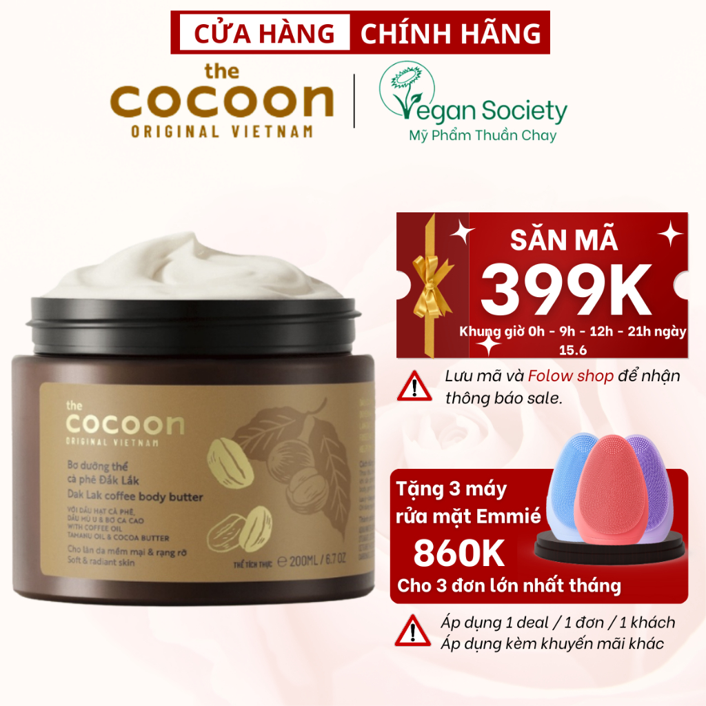 Bơ dưỡng thể cà phê đắk lắk cocoon 200ml thuần chay - Vegan Society