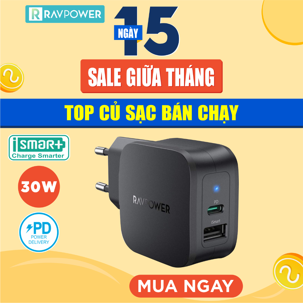 Adapter Củ Sạc 30W 1 Cổng USB Và 1 Type-C PD 18W Sạc Nhanh RAVPower RP-PC132 - Hàng Chính Hãng
