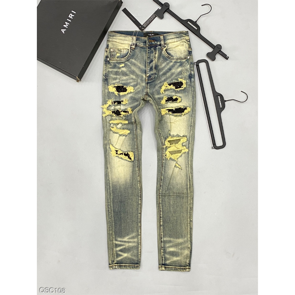 Quần Jean Nam Amiri likeauth xanh xám mài rách xù đùi gối vá da nhăn gân đen cứng 4 cúc ống xếp sóng