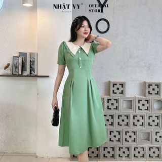 Đầm dự tiệc Nhật Vy cổ tròn phối bèo dáng ôm đính cúc chất cotton lạnh cao cấp phù hợp đi chơi dạo phố - D2778