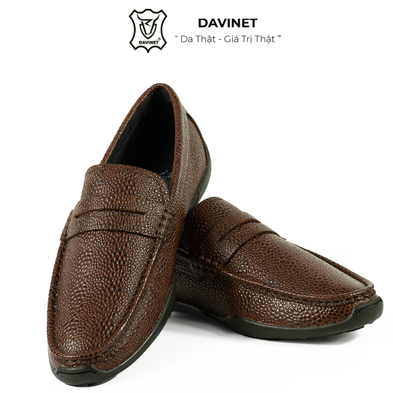 Giày Lười Nam Da Bò Dập Vân Đà Điểu Chính Hãng DAVINET GPM23-03, Giày Da Nam Thời Trang Công Sở, Đế Cao Su Bền Đẹp