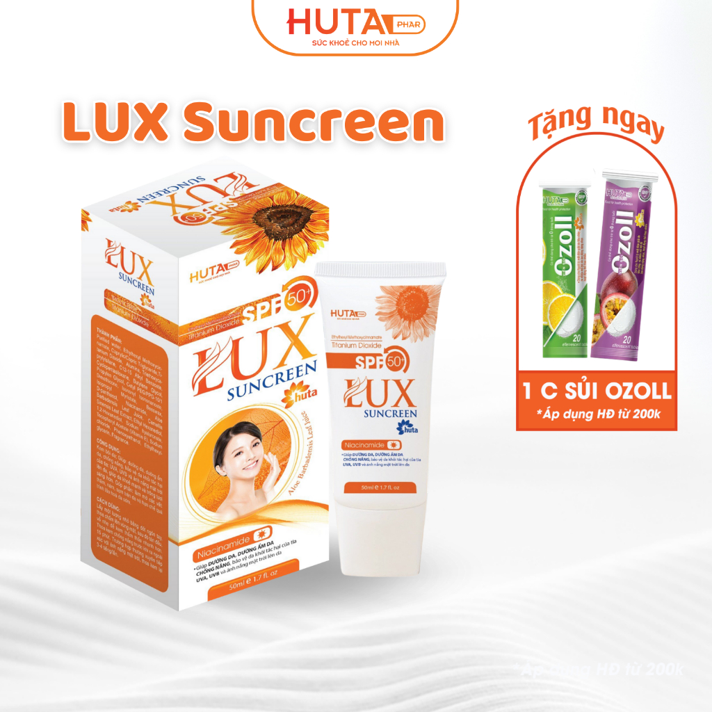 Kem chống nắng SPF 50+ Lux Screen HUTAPHARM tuýp 50ml, chiết xuất lô hội, an toàn cho mọi loại da.