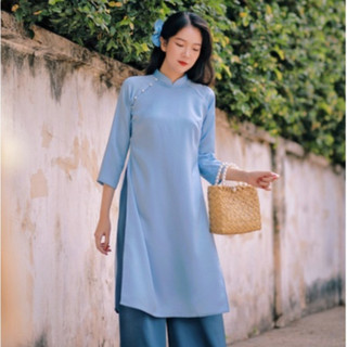 Áo dài dáng xưa suông màu xanh dương
