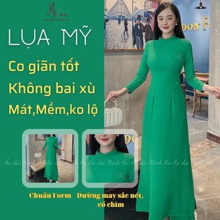 Áo dài trơn lụa Mỹ màu xanh lá 2 tà, 1 tà mềm mịn, không bai xù