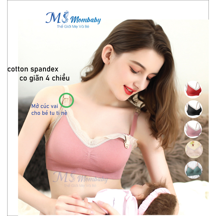 Áo lót bầu có cúc mở cho con bú MS Mombaby pha ren sau sinh nâng ngực chống chảy xệ cotton mix spandex ALRR