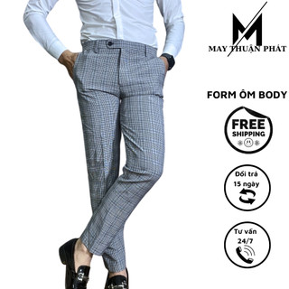 Quần âu kẻ ống côn hàn quốc, Quần tây nam kẻ caro vải tuyết hàn dáng ôm slimfit
