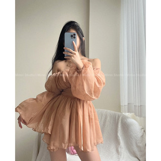 Đầm voan xoè tay bồng trễ vai