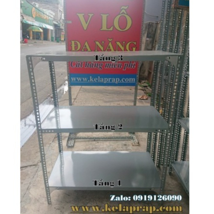 Kệ Thép V lỗ - Mã số: V30.05 (D100cm x R30cm x C100cm). Gồm 3 tầng mâm màu xám. Đầy đủ ốc-ke-đế lót-thép V3x3 dày 1.5lly