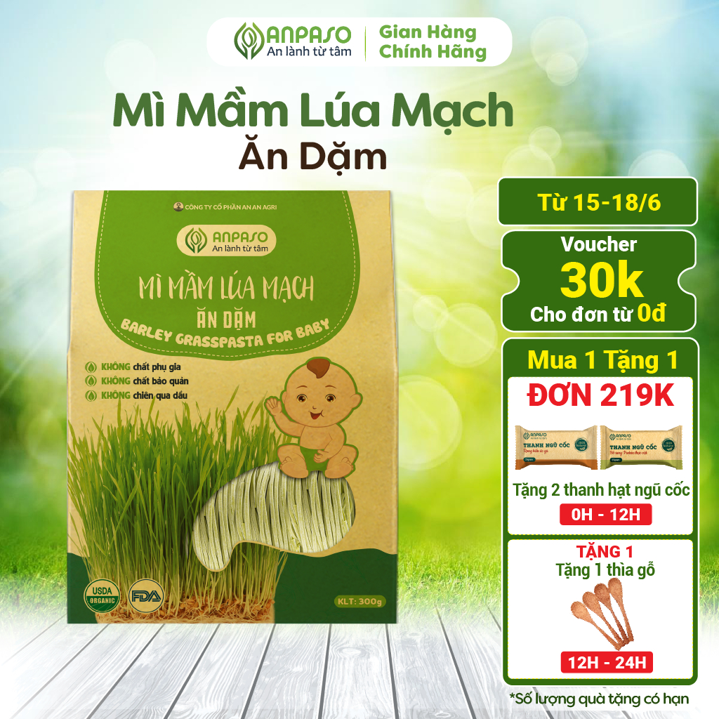 Mì Rau Củ Ăn Dặm Hữu Cơ Mầm Lúa Mạch Organic Anpaso Từ 7 Tháng Bổ Sung Chất Xơ, Cải Thiện Táo Bón 300g