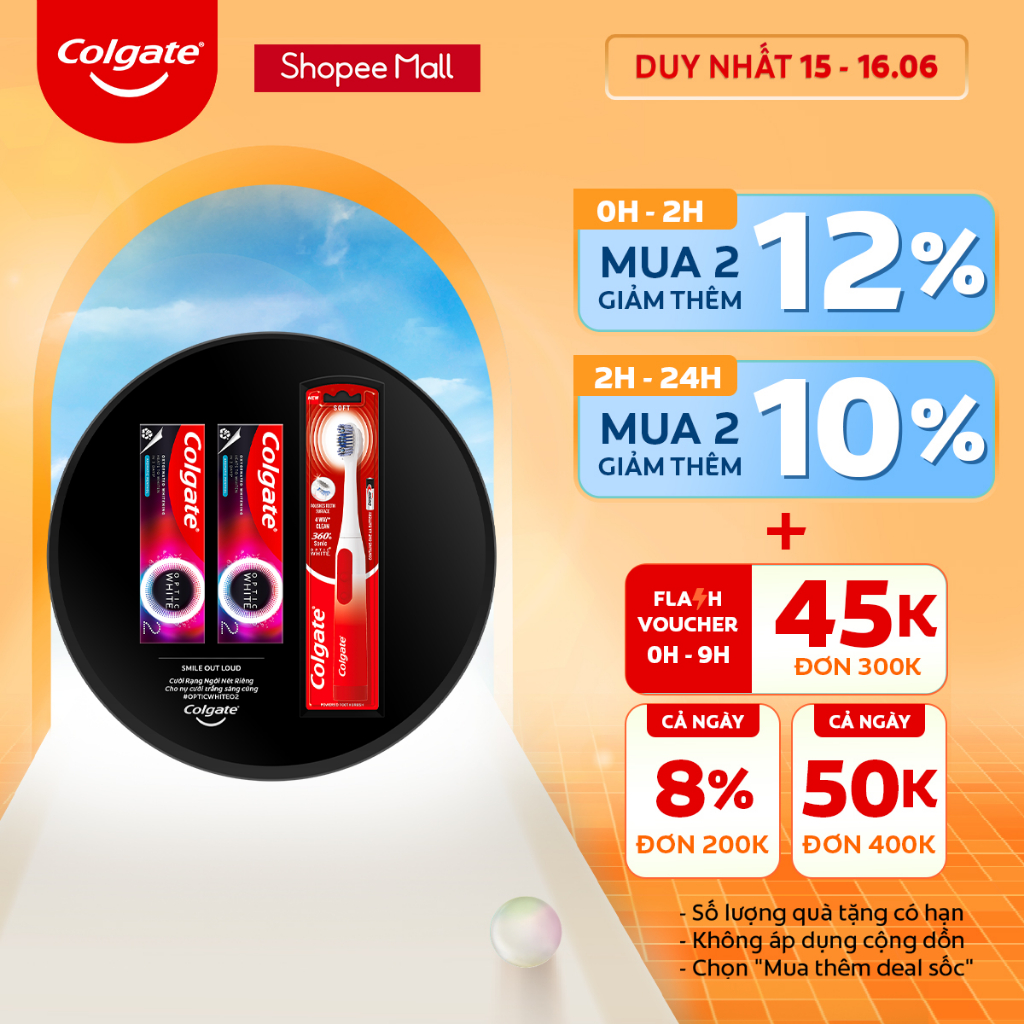 Bàn chải điện Colgate Sonic và 2 kem đánh răng Colgate Optic White O2 hương đào 85g