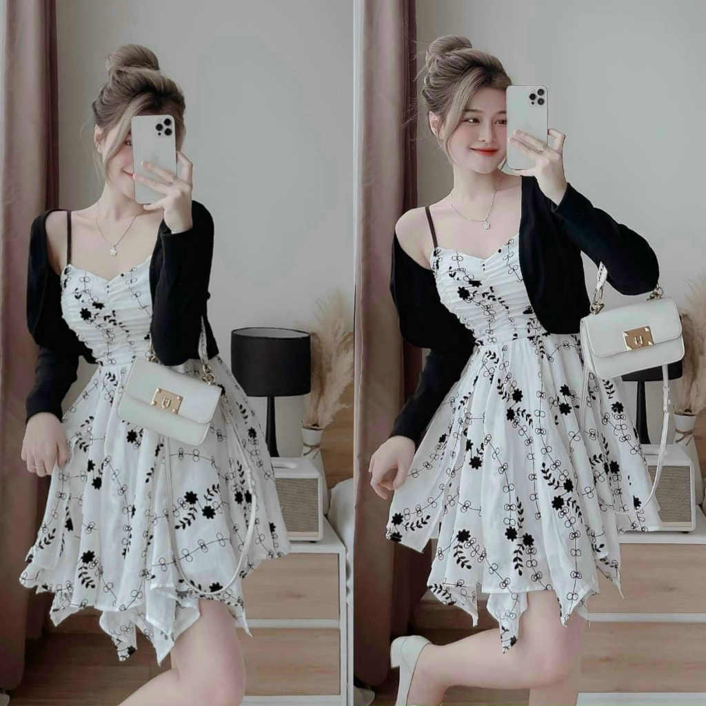 Đầm voan in họa tiết dáng mini xếp ly hai dây có mút mix áo khoác form ngắn dài tay phù hợp di chơi, dự tiệc [980]