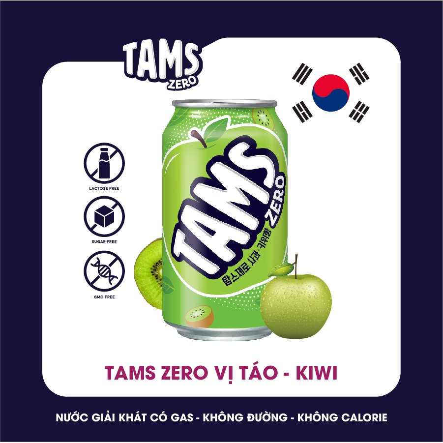 Nước giải khát có gaz Tams Zero, không Calorie Hương Táo -Kiwi