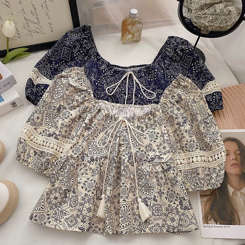 Áo sơ mi nữ cộc tay phối ren ,chun lưng hoạ tiết thổ cẩm phong cách Vintage