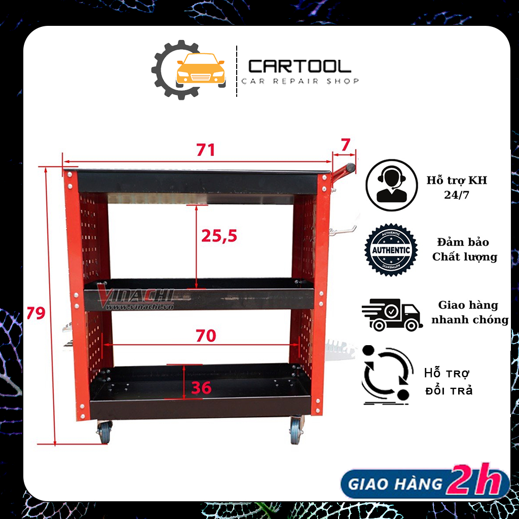 Kệ Đựng Đồ Nghề Dụng Cụ 3 Tầng Cartool Sơn Mạ Tĩnh Điện Kích Thước 750X360X660 Mm Tải Trọng 150Kg Bảo Quản Dụng Cụ
