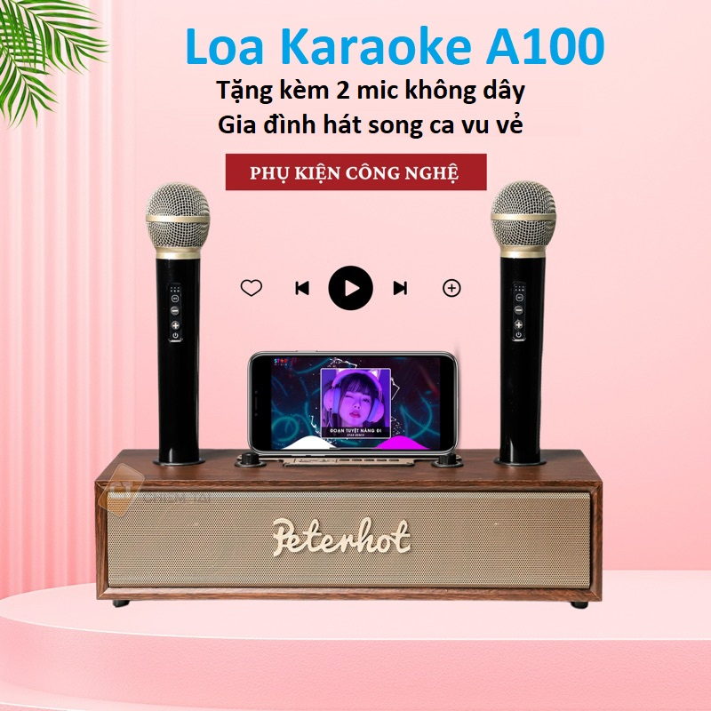 Loa karaoke bluetooth PETERHOT A100 tặng 2 Mic, Loa nghe nhạc công suất lớn thiết kế vân gỗ sang trọng Bh 12 Tháng