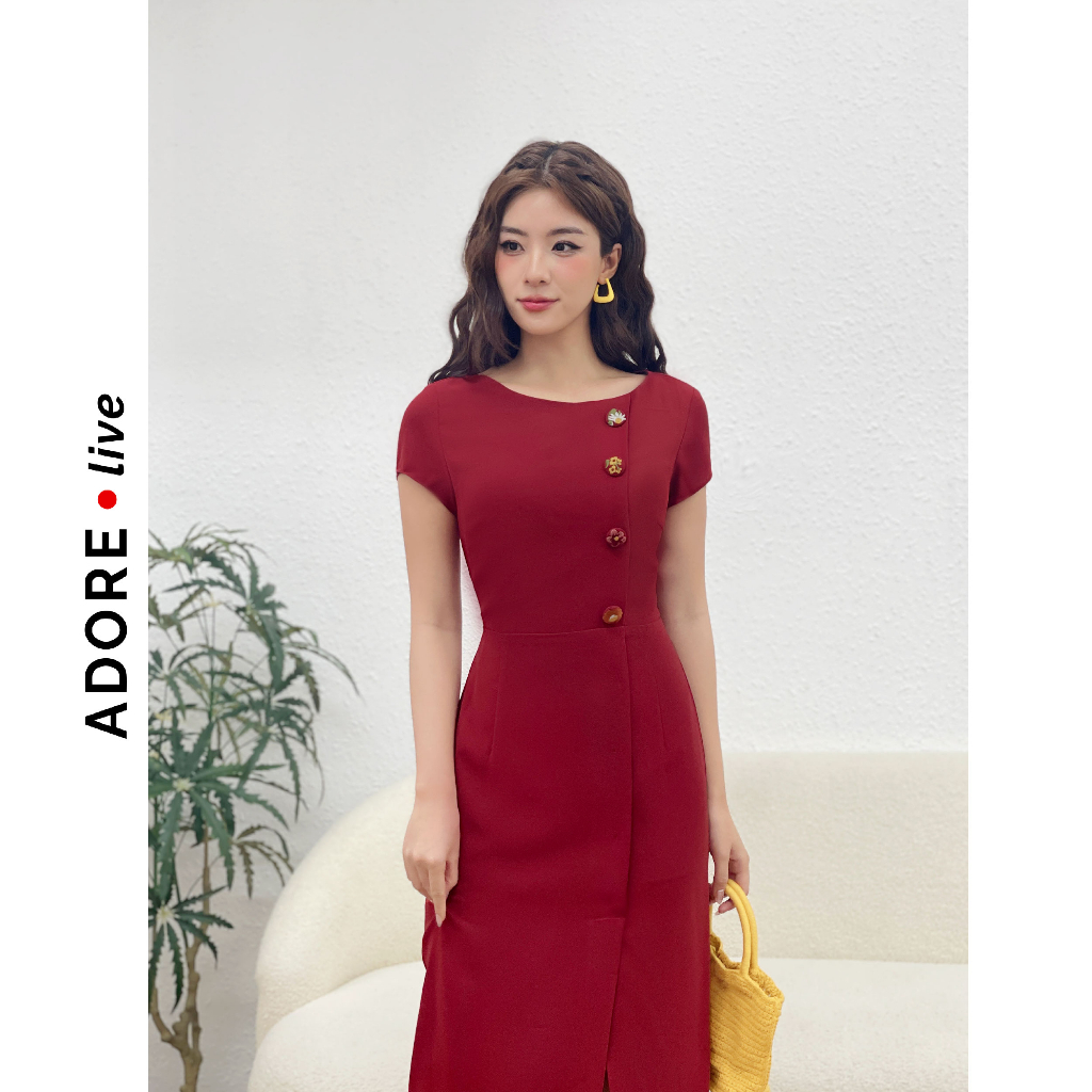 Đầm Midi dresses cổ tròn giả đũi  thêu khuy 321DR2044 ADORE DRESS