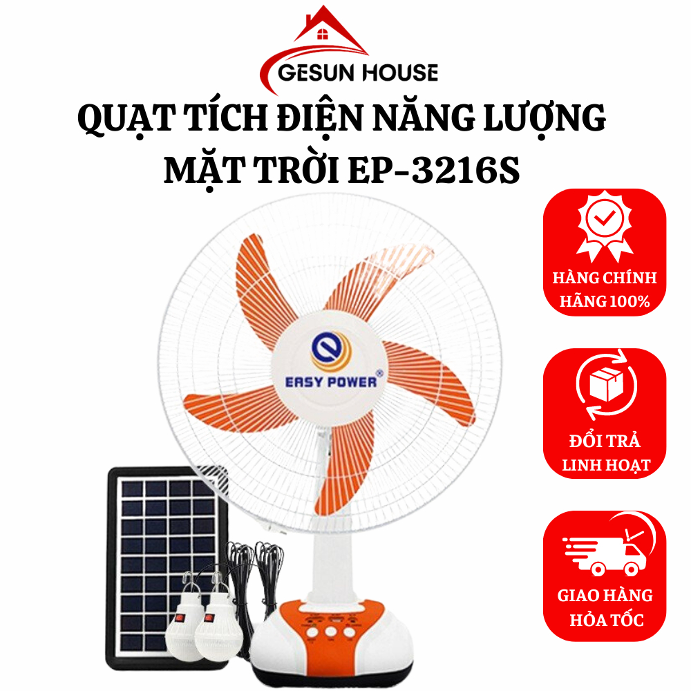 Quạt tích điện năng lượng mặt trời EP- 3216S đa năng tích hợp cổng sạc điện thoại, 16 inch, dùng liên tục 8h ,BH 12tháng