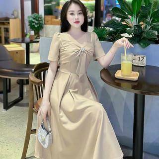 Đầm váy nữ dự tiệc dạo phố cổ vuông cách điệu ngực đỏ đen nâu thanh lịch