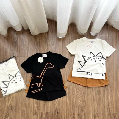 Set 2 bộ khủng long đen và trắng áo cộc tay quần short nâu cho bé trai và bé gái
