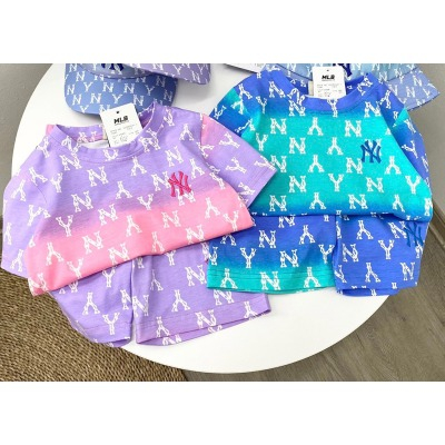 Bộ N/Y in nhiều màu in tràn 2 màu tím -xanh chất cotton cho bé trai và bé gái