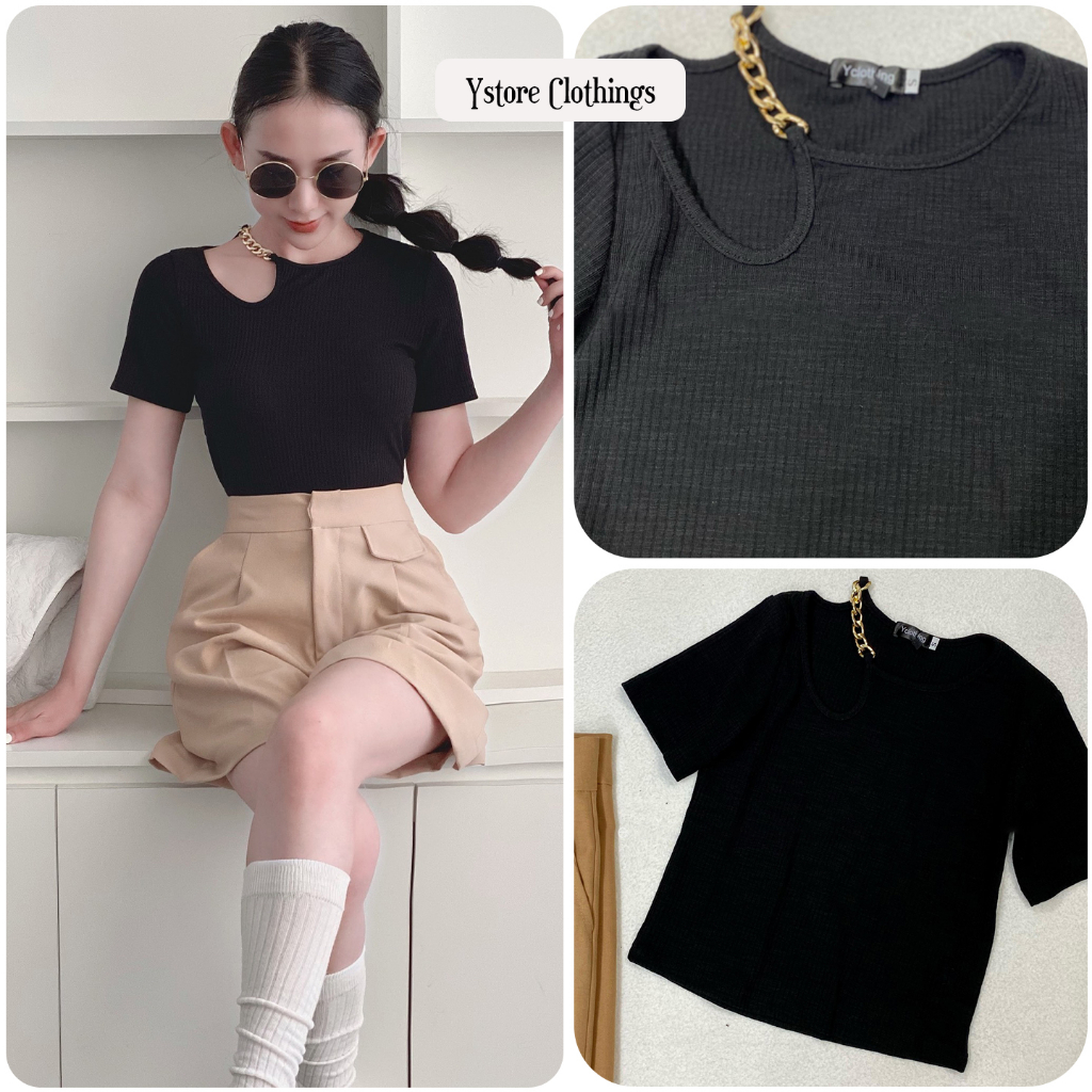 Áo Thun Kiểu Nữ Croptop Ngắn Tay Gân Khoét Vai Thiết Kế Dây Xích 45 - 60Kg - Thời Trang Hàn Quốc - Ystore Clothings