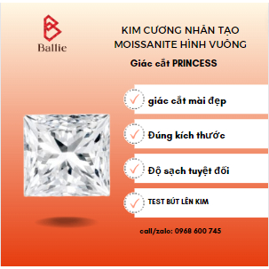 Kim cương nhân tạo Moissantie Vuông trắng size từ 1,5ly -&gt; 4ly - Pricess D FL - Test bút lên kim - Phôi gốc Moissanite