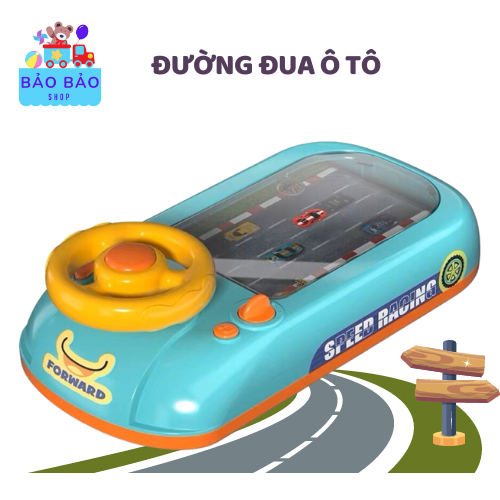 Đường đua ô tô có màn hình chuyển động và vô lăng điều khiển