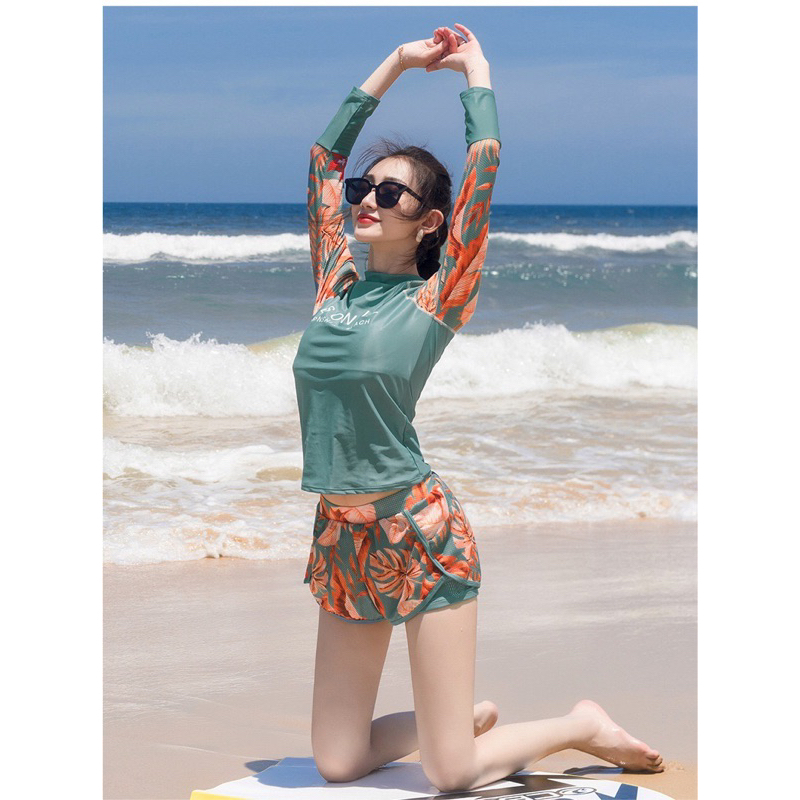 Đồ bơi nữ 2 mảnh Big size tới 75kg, tay dài kín đáo màu xanh dương, chống nắng, cao cấp