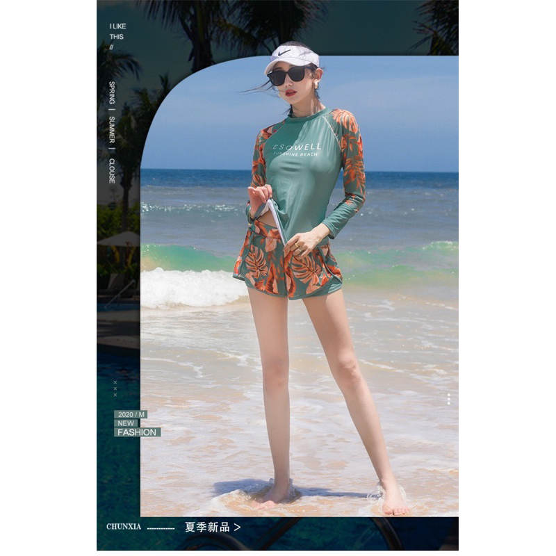 Đồ bơi nữ 2 mảnh Big size tới 75kg, tay dài kín đáo màu xanh dương, chống nắng, cao cấp