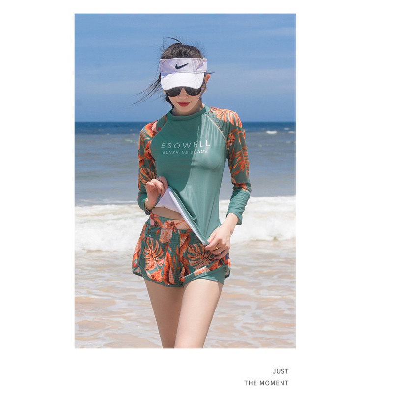 Đồ bơi nữ 2 mảnh Big size tới 75kg, tay dài kín đáo màu xanh dương, chống nắng, cao cấp