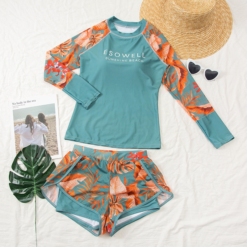 Đồ bơi nữ 2 mảnh Big size tới 75kg, tay dài kín đáo màu xanh dương, chống nắng, cao cấp