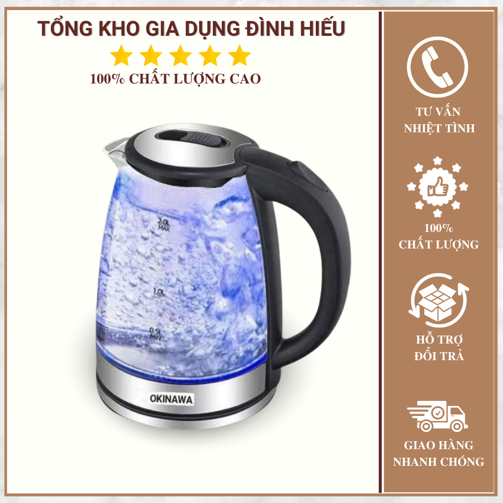 Ấm Siêu Tốc Thủy Tinh 2 Lít, Bình Đun Nước Siêu Tốc Trong Suốt Công Suất 1500W ,Có đèn Led Tự Ngắt Khi Sôi