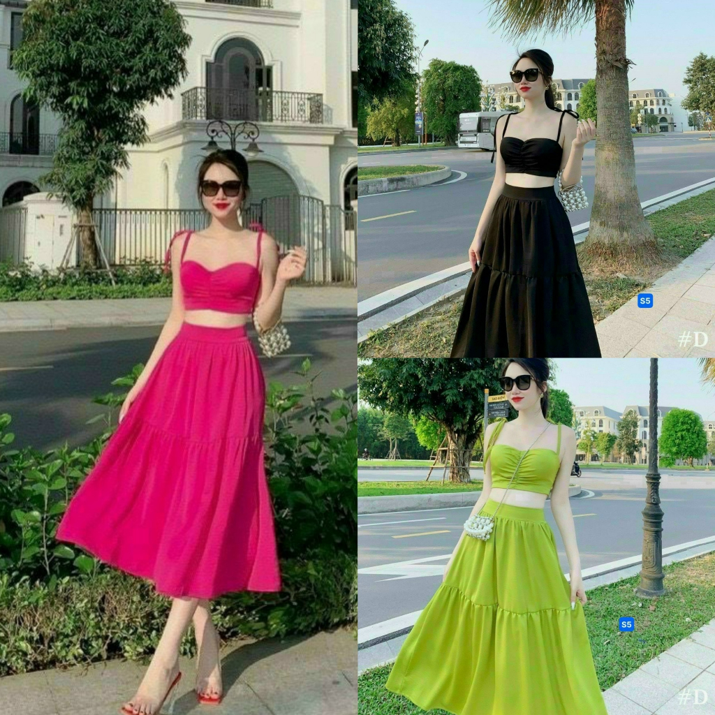 Set chân váy midi dáng xòe xếp tầng kèm áo croptop hai dây sang chảnh, quyến dũ phù hợp đi chơi, đi biển [866]