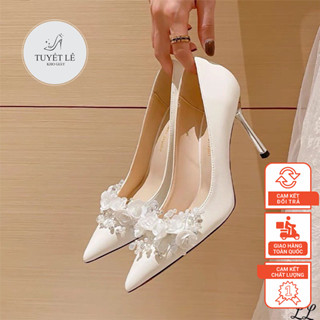 GIÀY CƯỚI CÔ DÂU - GIÀY TRẮNG ĐÍNH HOA ĐÁ NGỌC TIỂU THƯ - 9cm - Phom rộng 1.5 ( chân thon gày bé lùi size)