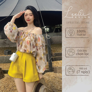 Set áo trễ vai hoa vàng và quần short trẻ trung LeeGi Design Min6174