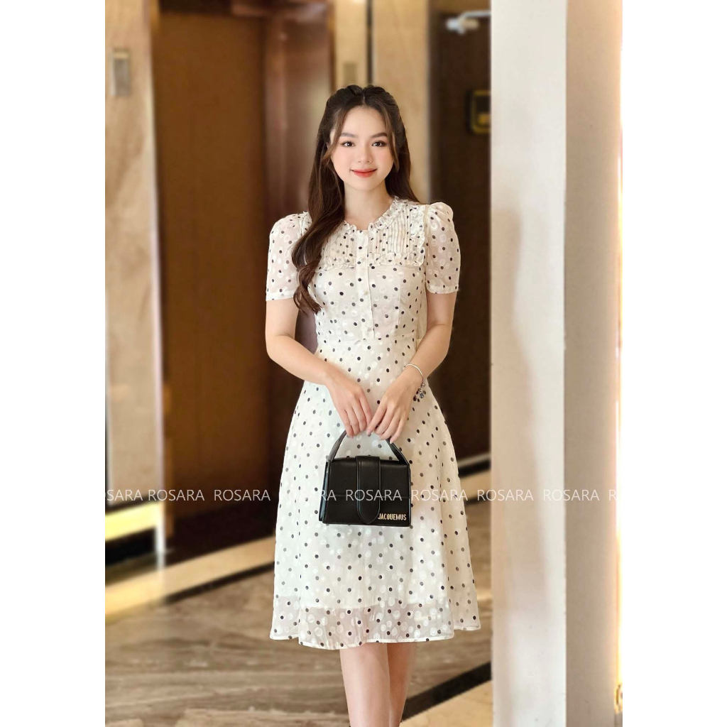 Váy Đầm Be Ngắn Tay Chấm Bi Dáng Xòe Thời Trang Nữ Rosara VA83 | BigBuy360 - bigbuy360.vn