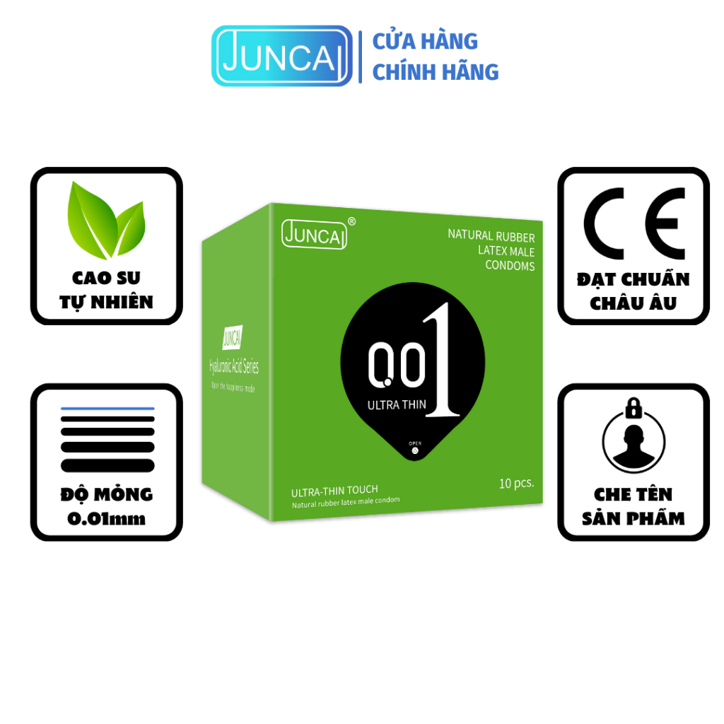 Bao cao su JUNCAI 001 Ultrathin Touch siêu mỏng, tăng cường lượng gel, chất lượng quốc tế ( Hộp 10 chiếc)