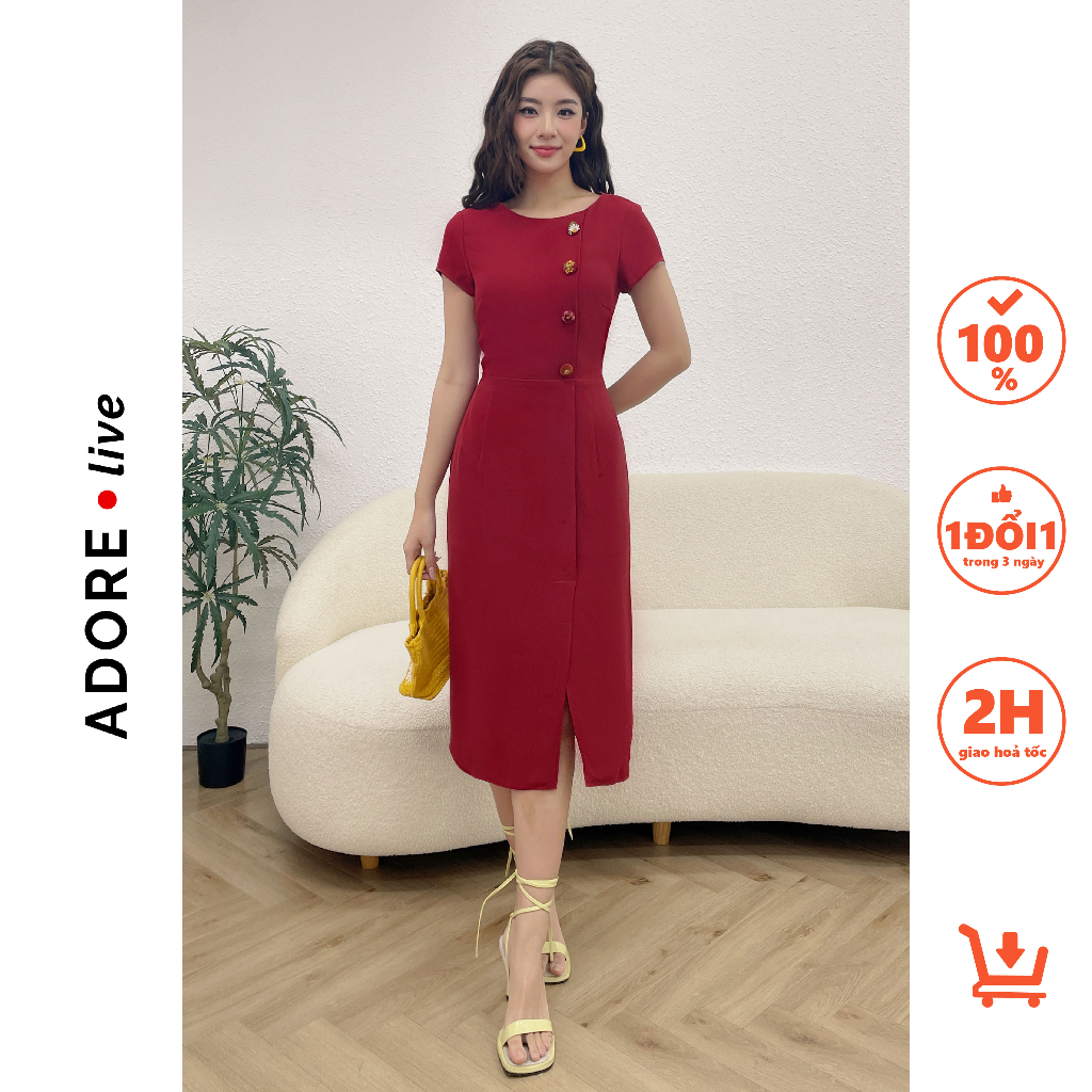 Đầm Midi dresses cổ tròn giả đũi  thêu khuy 321DR2044 ADORE DRESS