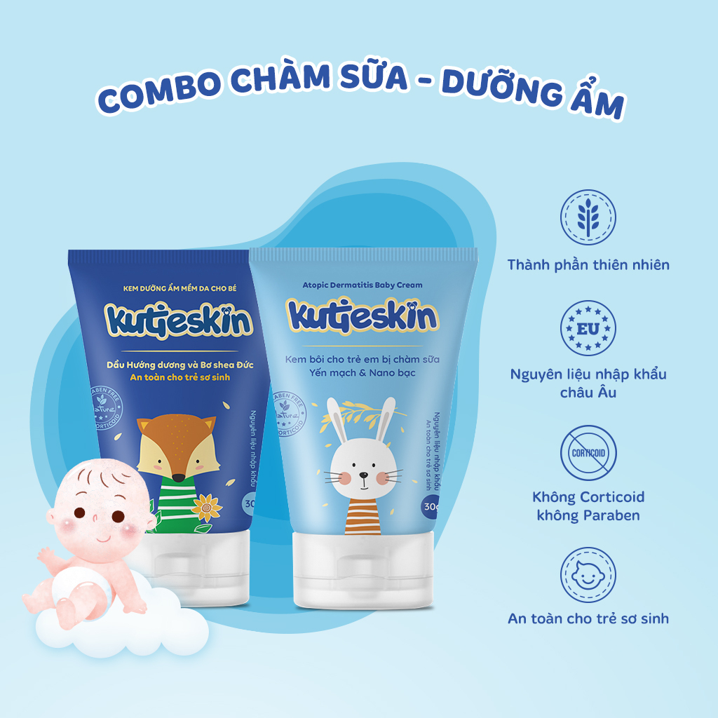 Combo Kutieskin Kem bôi chàm sữa và Kem dưỡng ẩm lành tính cho da em bé không chứa Corticoid