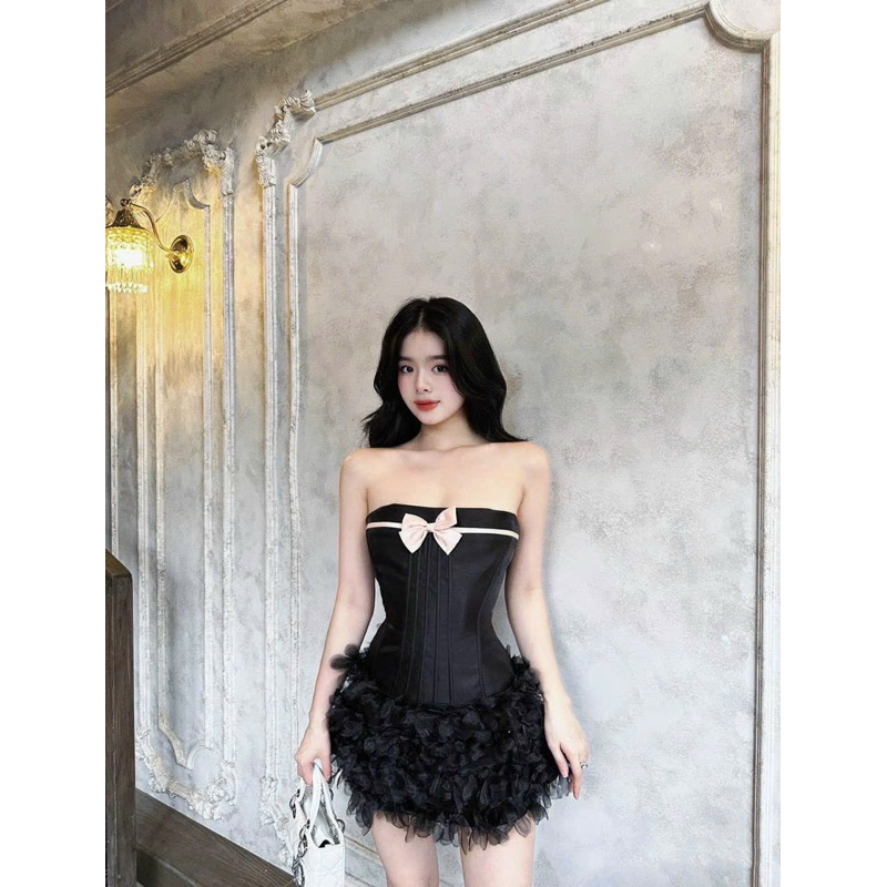 Đầm body nơ 2 dây tùng kết hoa