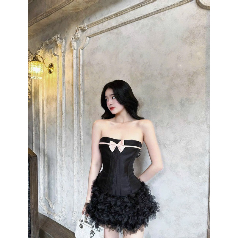 Đầm body nơ 2 dây tùng kết hoa