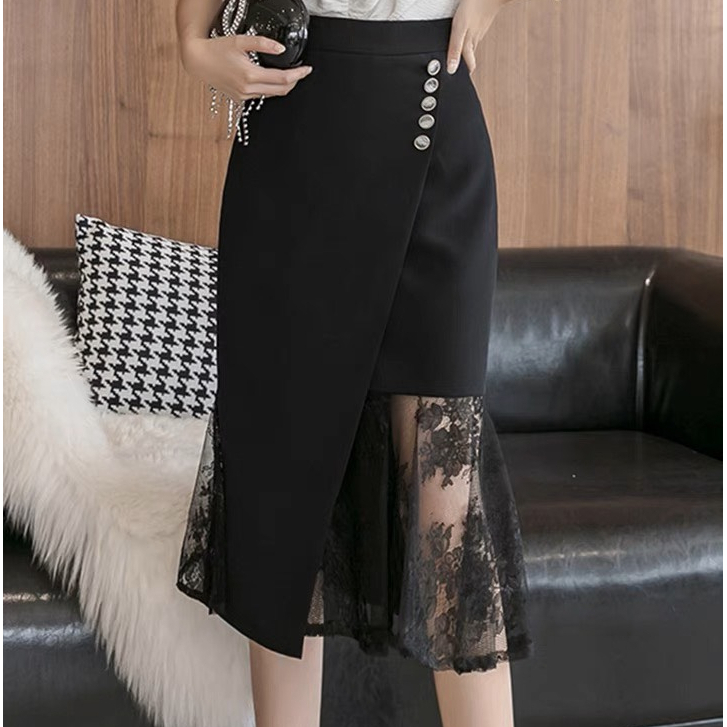 Chân váy nữ phối ren Bigsize 45-90Kg chữ A che khuyết điểm chất tuyết mưa Hàn+Ren cho dân văn phòng dài 73cm