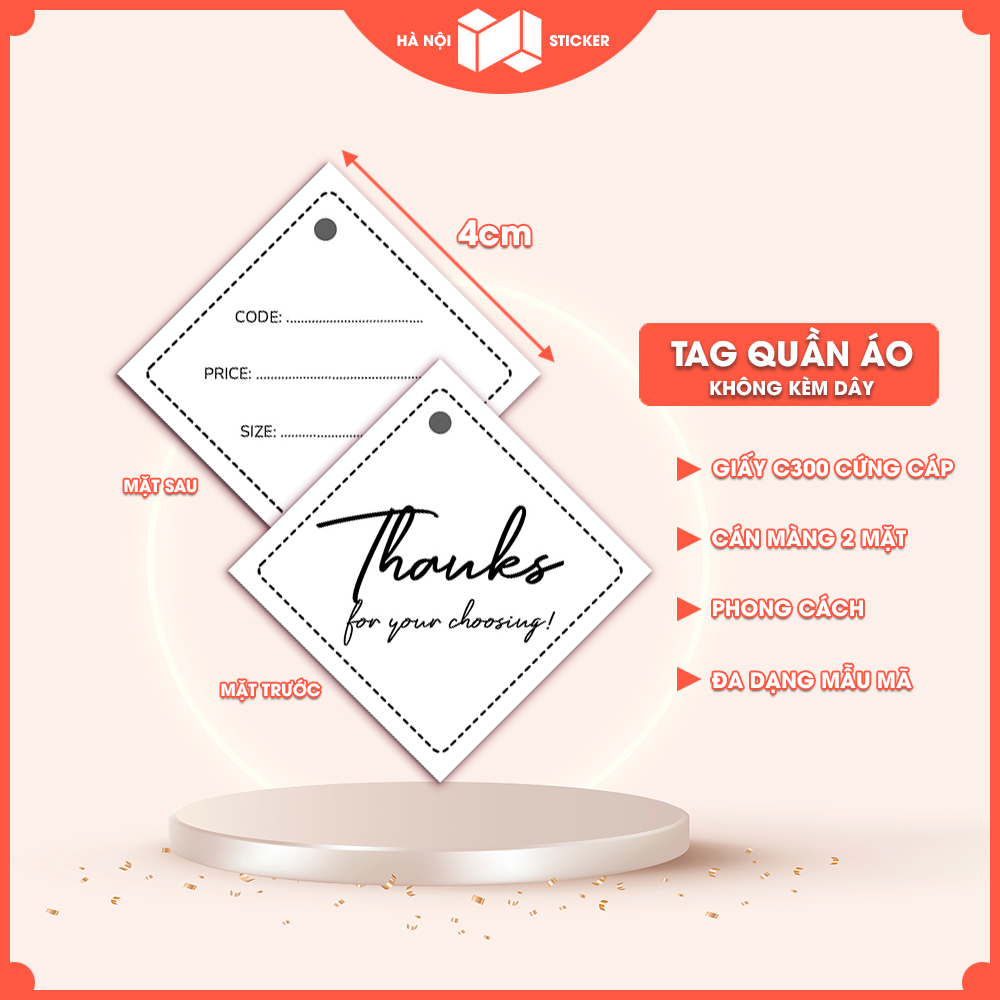 SET 100 Tag Quần Áo, Mác Quần Áo Size 4x4cm, Giấy C300, In 2 Mặt Sắc Nét, Thẻ Bài Quần Áo, Nhiều Mẫu Mã - Không Kèm Dây
