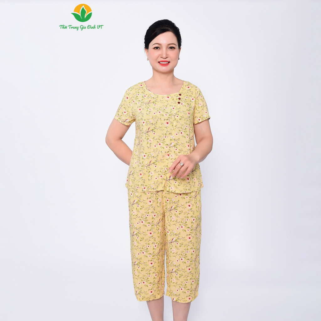 Bộ mặc nhà trung niên nữ xuân hè Việt Thắng quần lửng áo lửng chất Lanh B06.2218