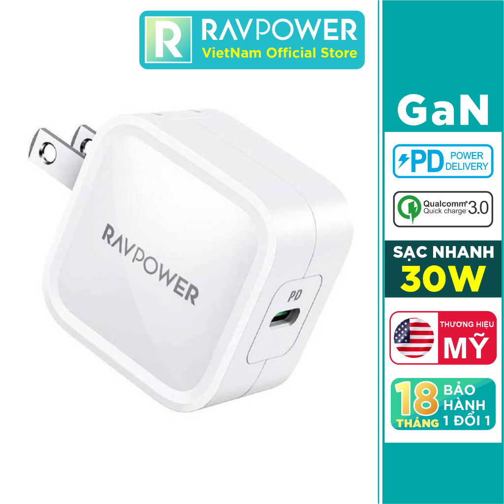 Adapter Củ Sạc Nhanh 30W Type C PD 3.0, QC 3.0, GaN Nhỏ Gọn RAVPower RP-PC120 - Hàng Chính Hãng